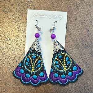 Vibrant Purple and Blue Embroidered Earrings